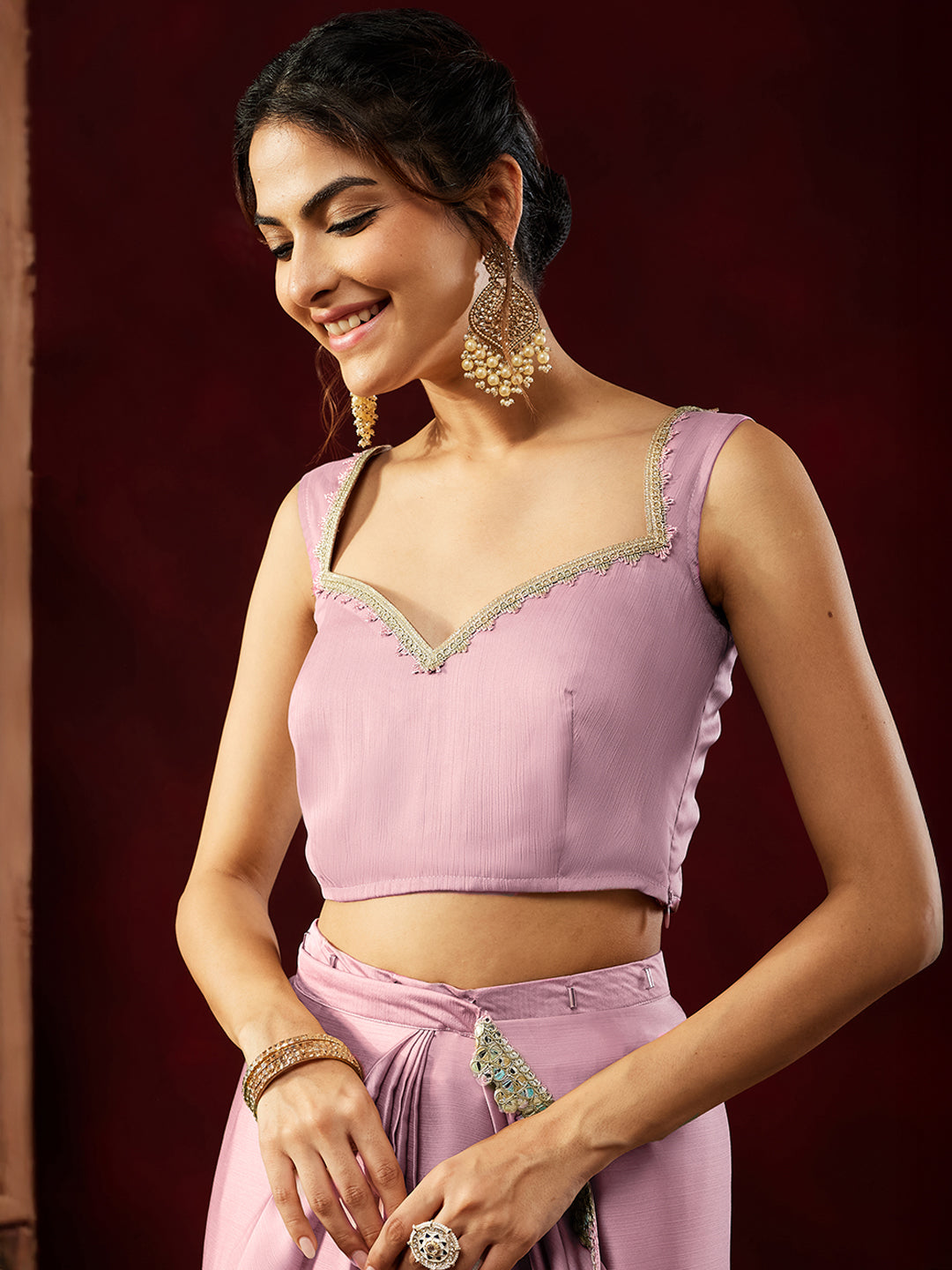 Janasya Women's Powder Pink Silk Blend Ready To Wear Embellished Saree with Unstitched Blouse