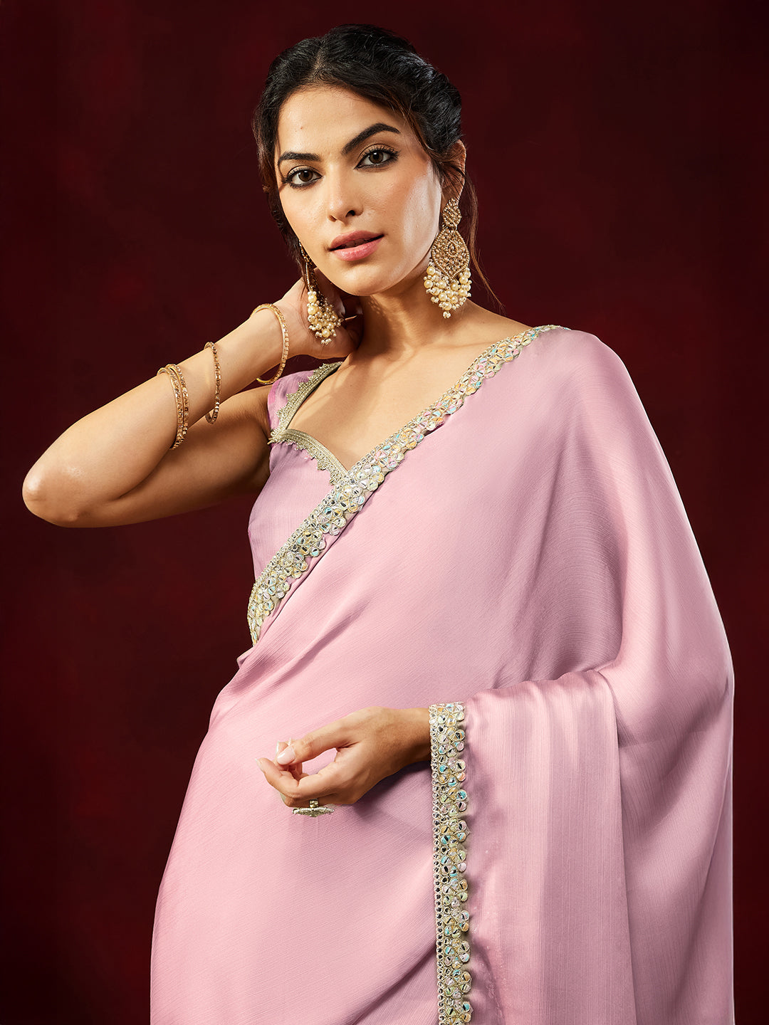 Janasya Women's Powder Pink Silk Blend One-Minute Ready-to-Wear Embellished Saree with Unstitched Blouse