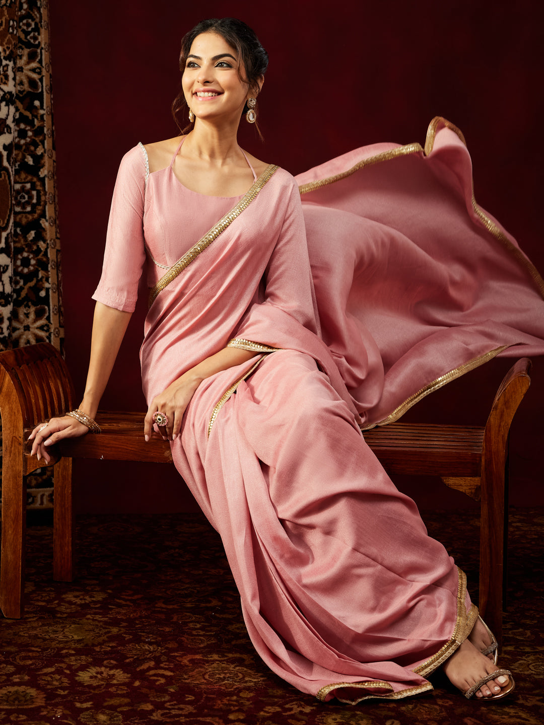 Janasya Women's Pink Silk Blend Ready To Wear Embellished Saree with Unstitched Blouse