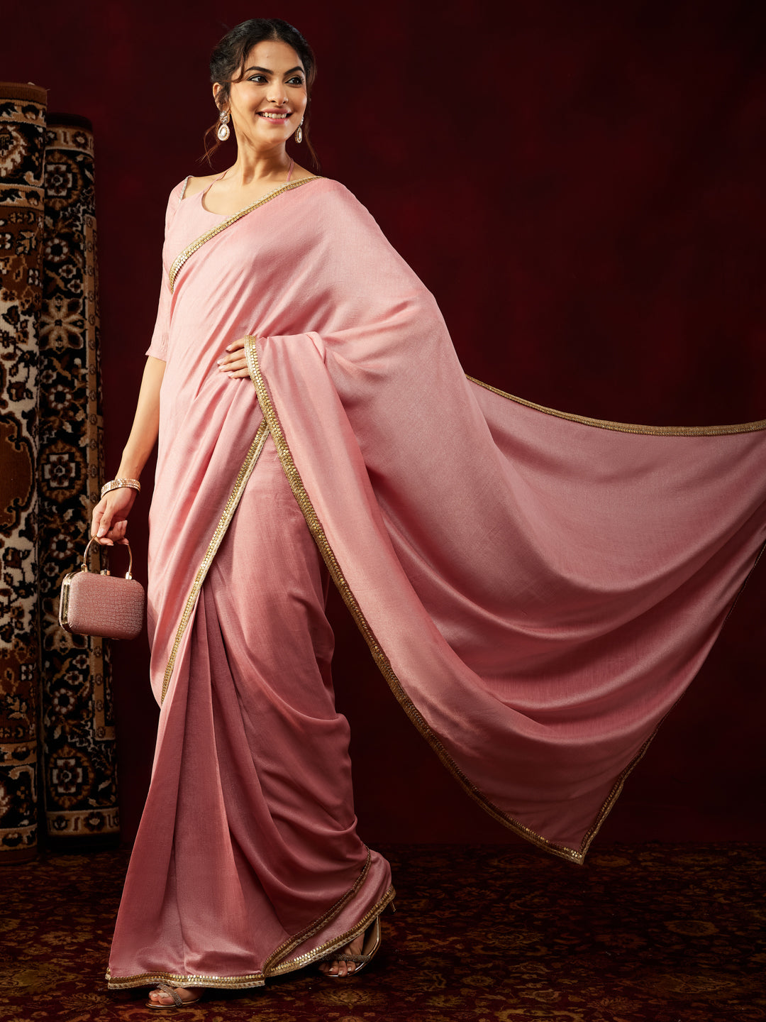 Janasya Women's Pink Silk Blend Ready To Wear Embellished Saree with Unstitched Blouse