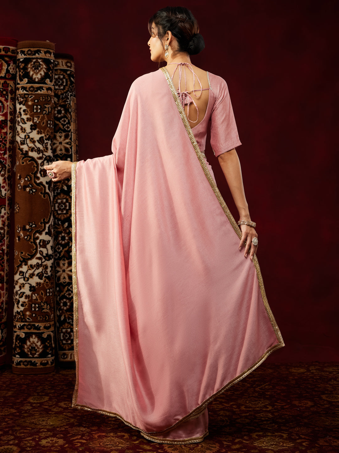 Janasya Women's Pink Silk Blend Ready To Wear Embellished Saree with Unstitched Blouse
