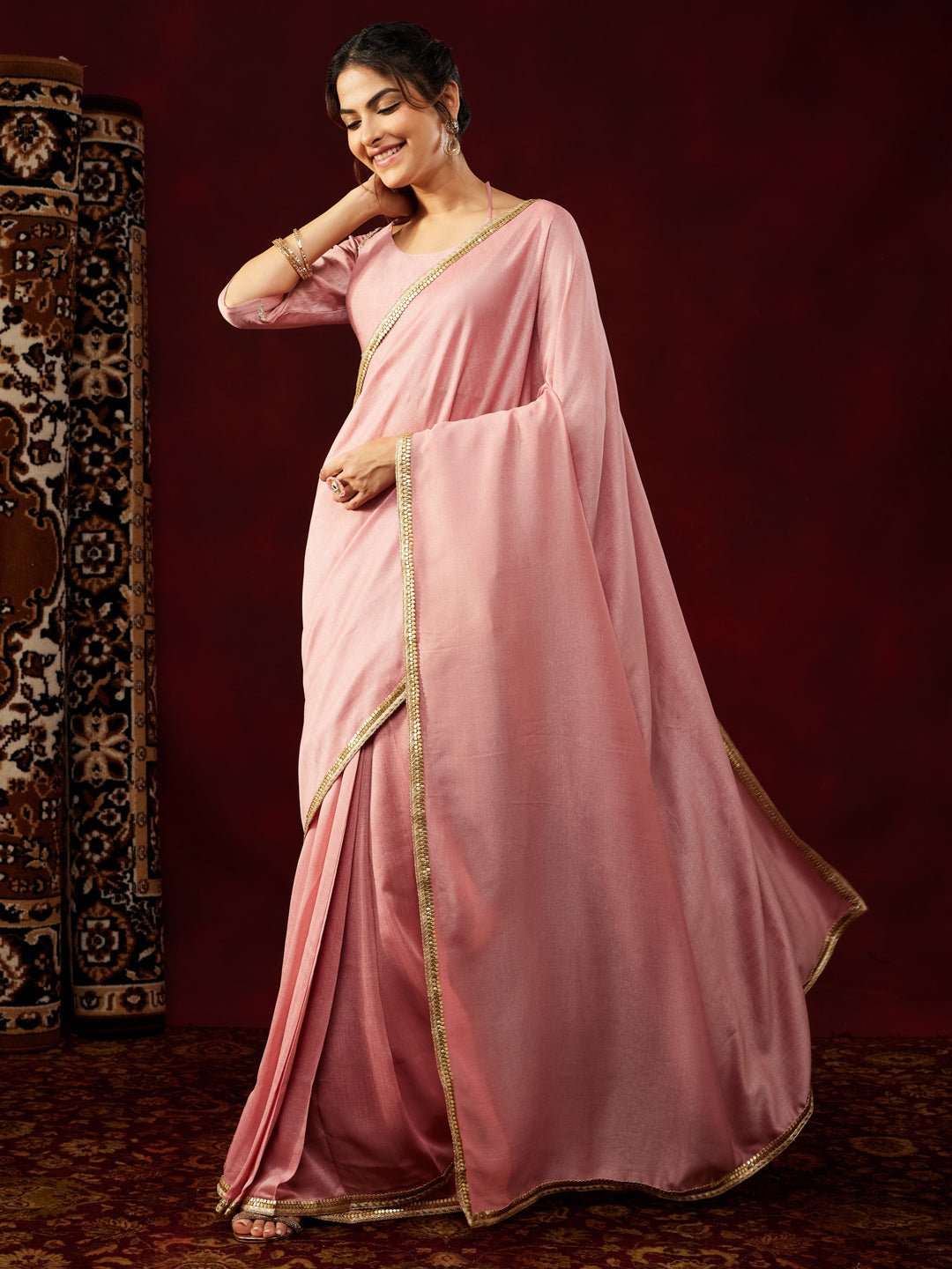 Janasya Women's Pink Silk Blend Ready To Wear Embellished Saree with Unstitched Blouse