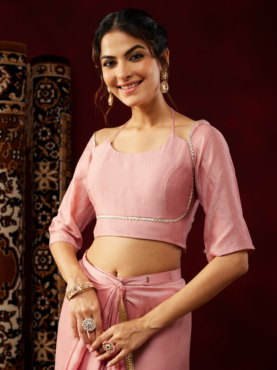 Janasya Women's Pink Silk Blend Ready To Wear Embellished Saree with Unstitched Blouse