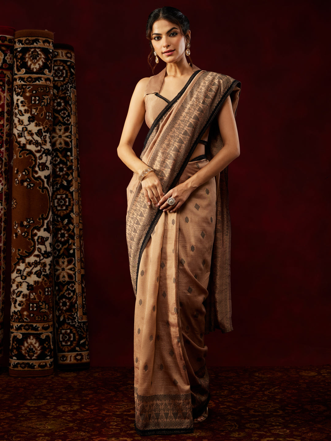 Janasya Women's Brown Silk Blend Ready To Wear Printed Saree with Unstitched Blouse