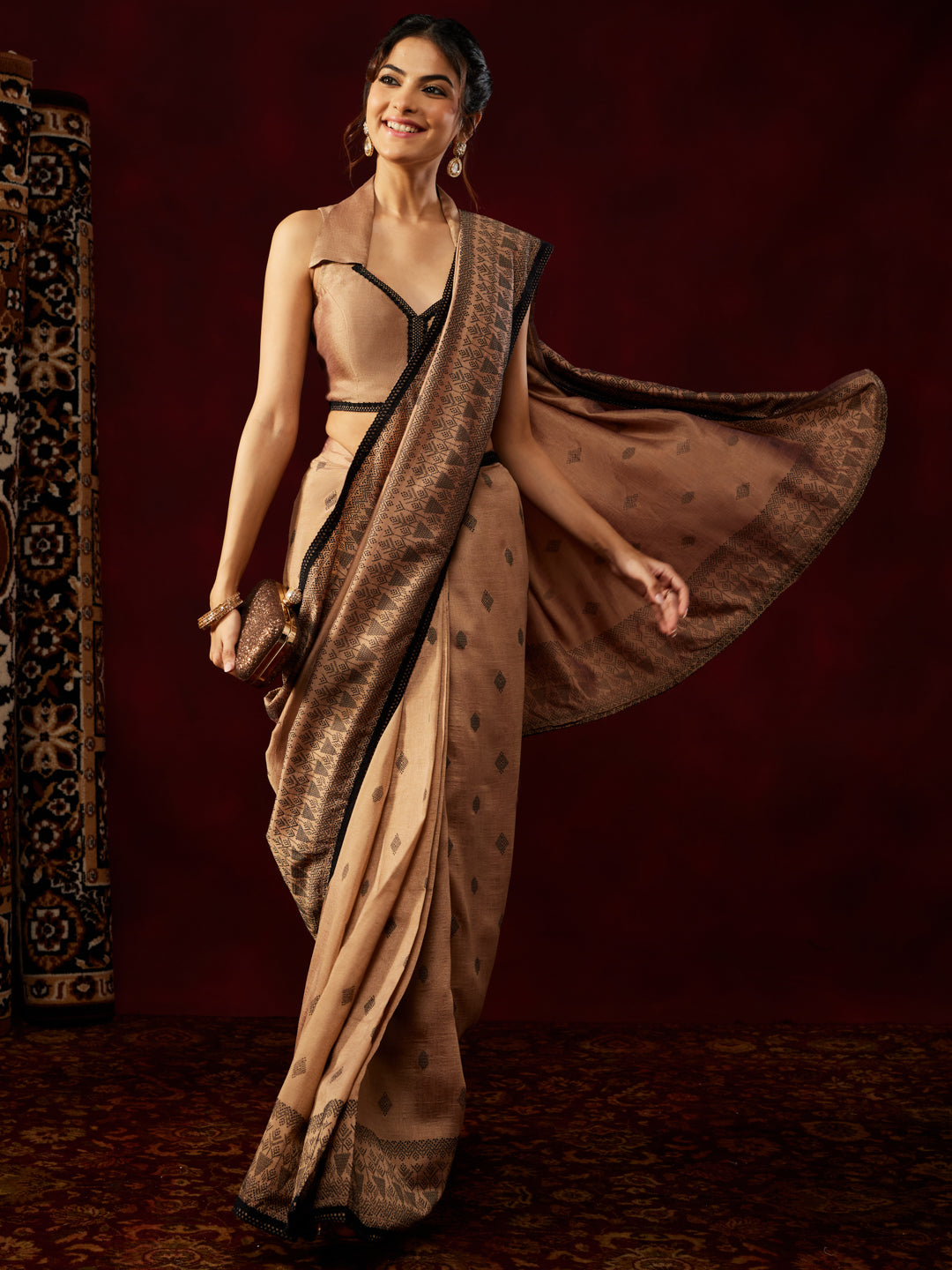 Janasya Women's Brown Silk Blend Ready To Wear Printed Saree with Unstitched Blouse