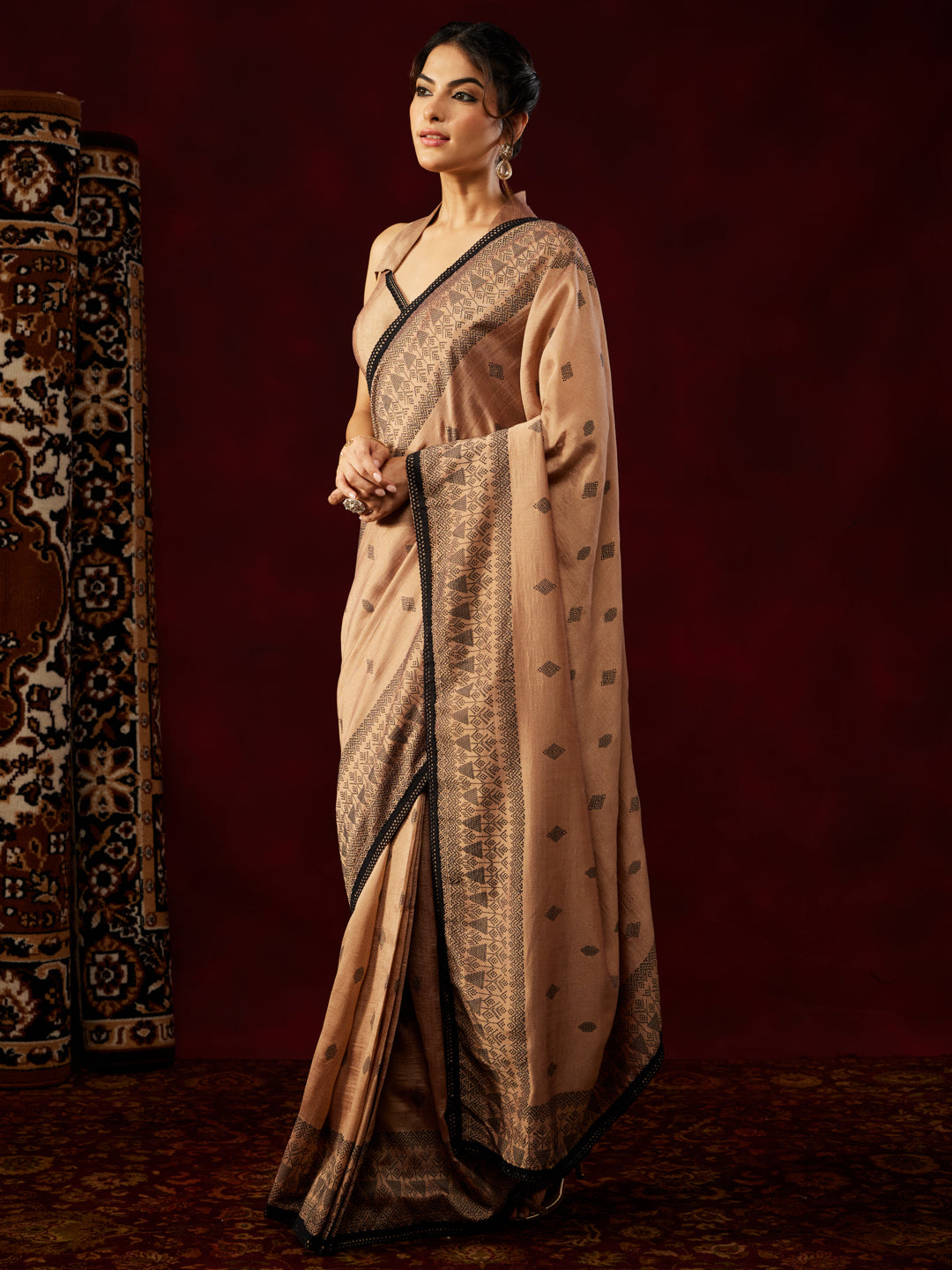 Janasya Women's Brown Silk Blend Ready To Wear Printed Saree with Unstitched Blouse