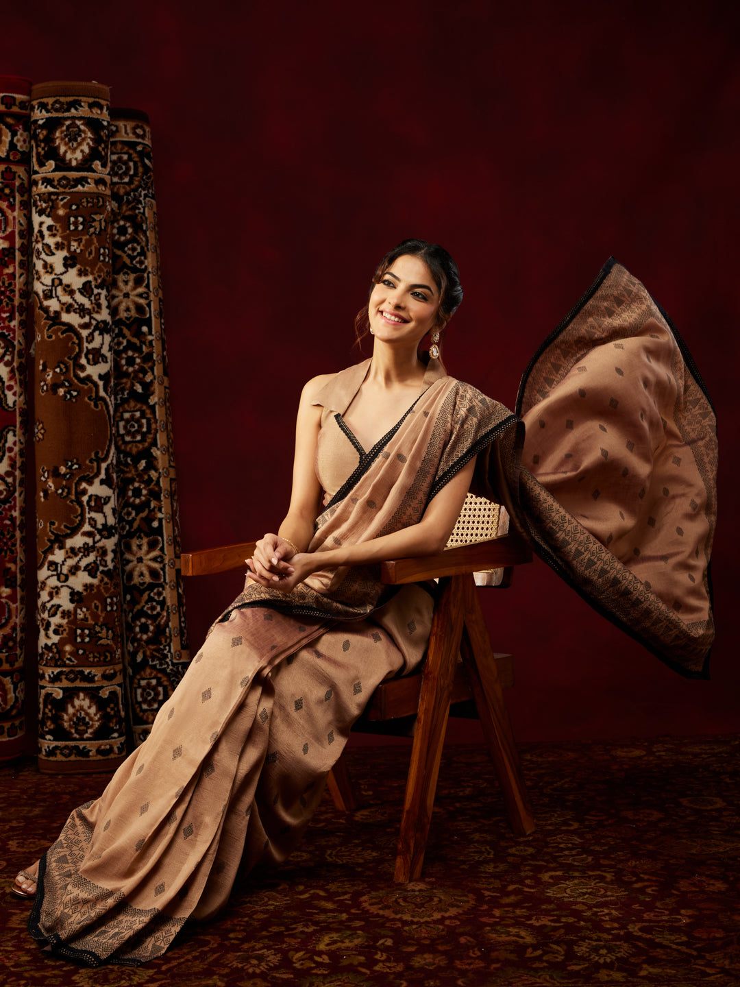 Janasya Women's Brown Silk Blend Ready To Wear Printed Saree with Unstitched Blouse