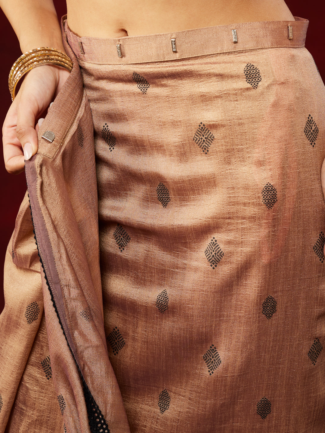 Janasya Women's Brown Silk Blend Ready To Wear Printed Saree with Unstitched Blouse