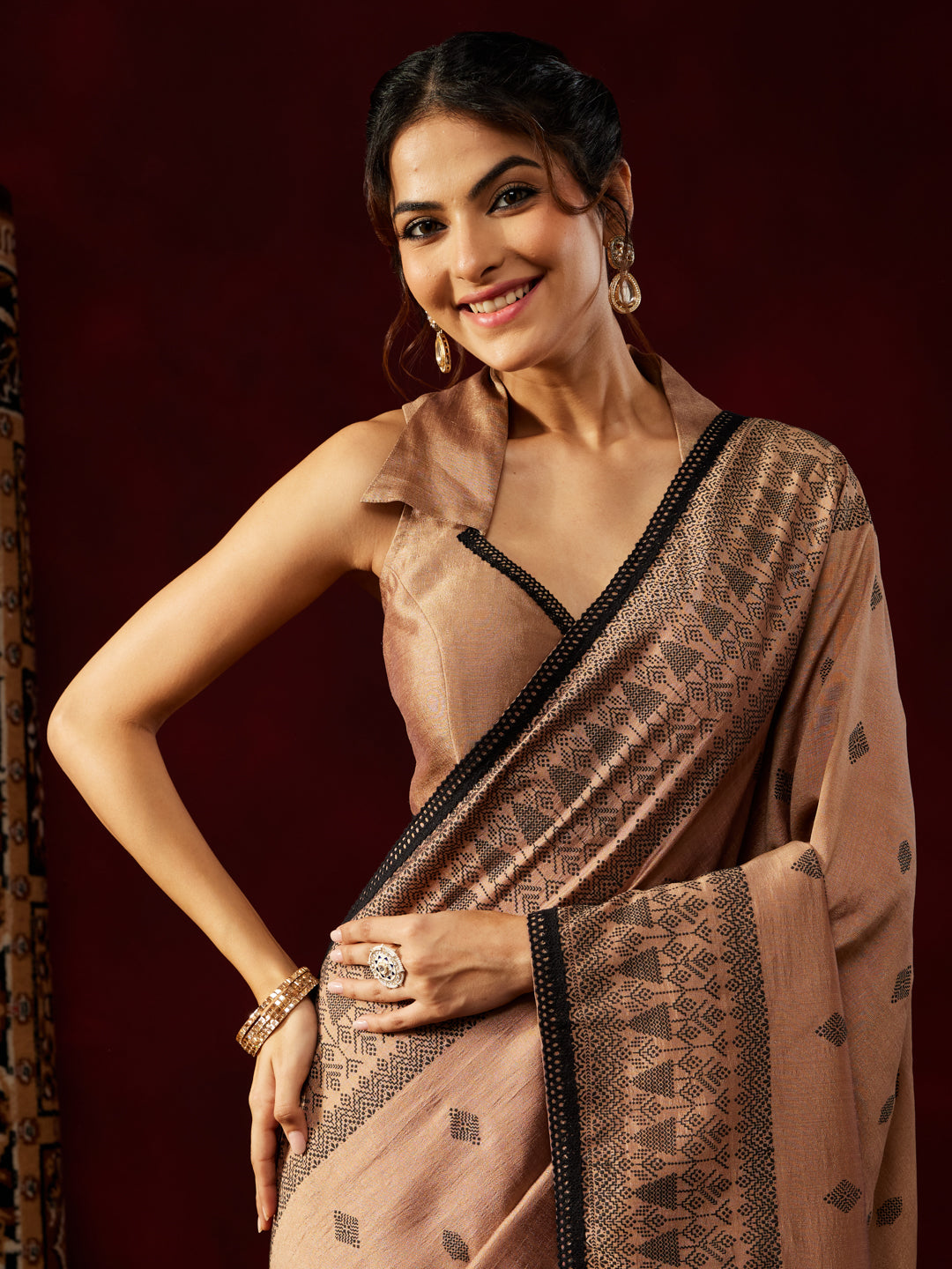 Janasya Women's Brown Silk Blend Ready To Wear Printed Saree with Unstitched Blouse
