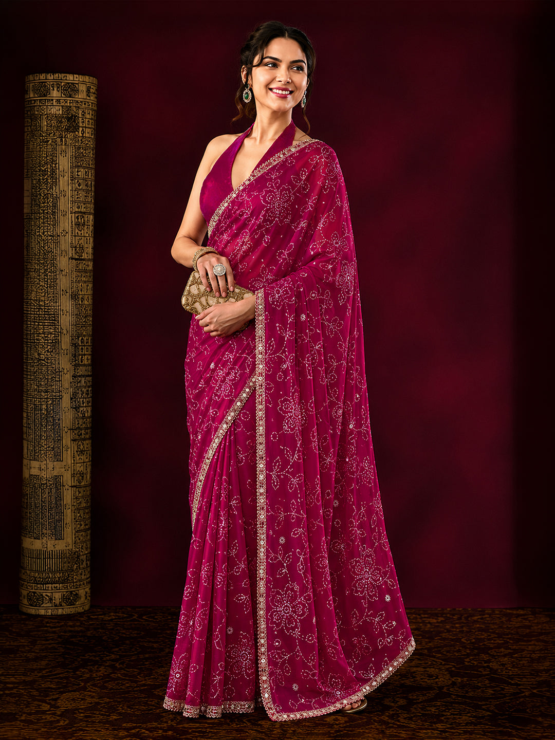 Janasya Women's Pink Silk Blend One-Minute Ready-to-Wear Embellished Gold Printed Saree with Unstitched Blouse