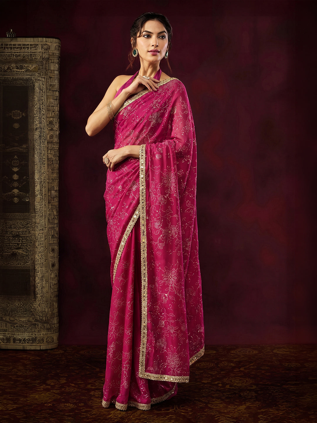 Janasya Women's Pink Silk Blend One-Minute Ready-to-Wear Embellished Gold Printed Saree with Unstitched Blouse