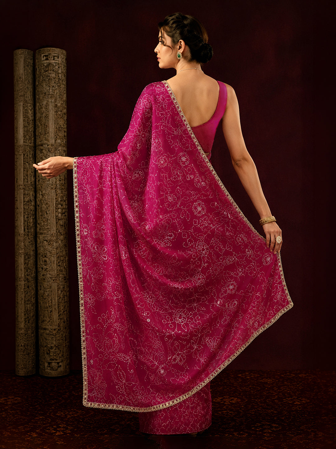 Janasya Women's Pink Silk Blend One-Minute Ready-to-Wear Embellished Gold Printed Saree with Unstitched Blouse
