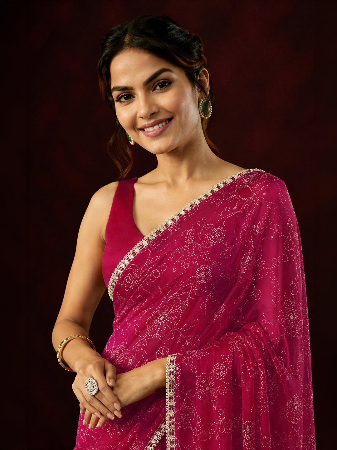 Janasya Women's Pink Silk Blend One-Minute Ready-to-Wear Embellished Gold Printed Saree with Unstitched Blouse