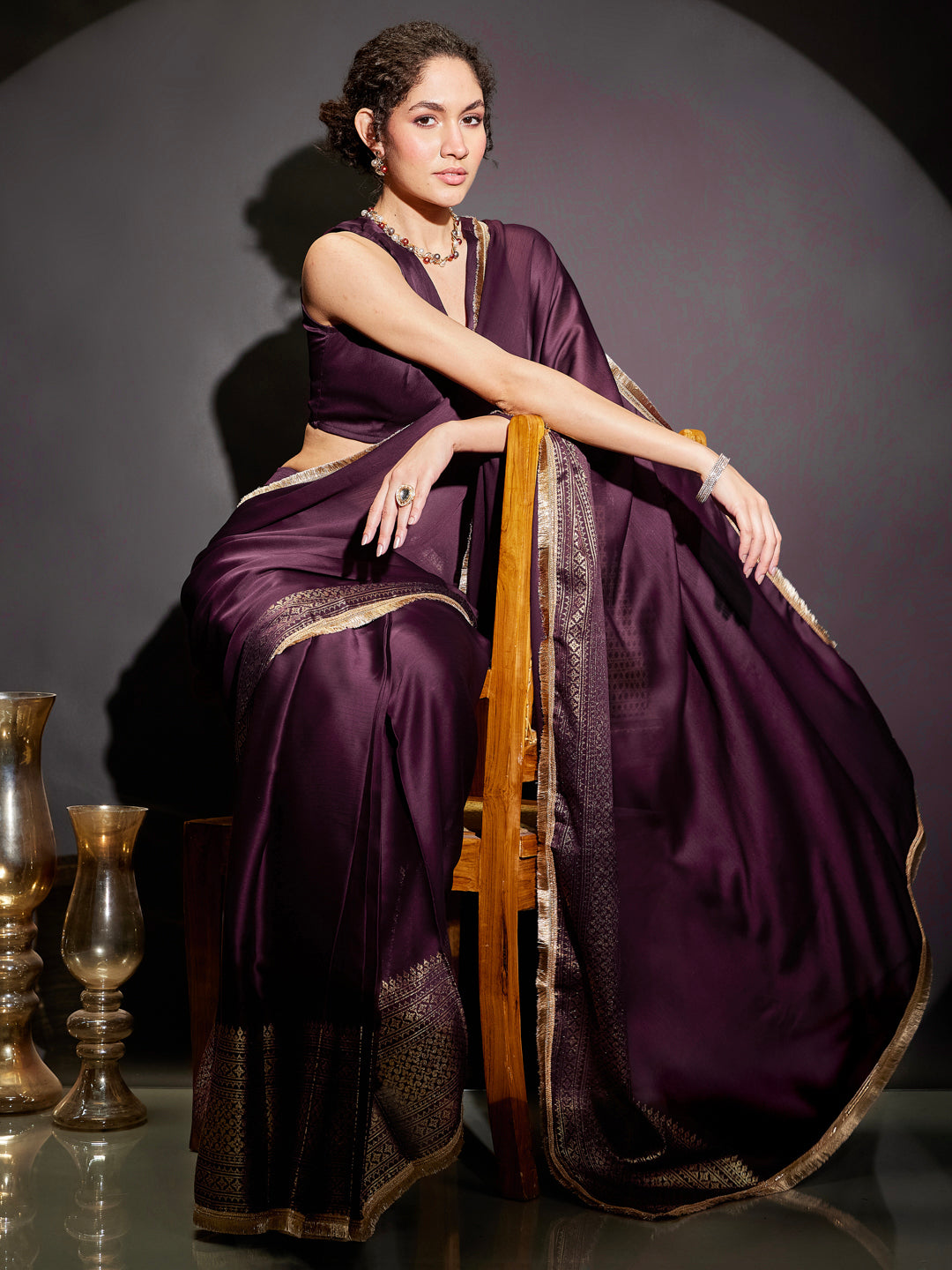 Janasya Women's Wine Silk Blend Ready To Wear Gold Printed Saree with Unstitched Blouse