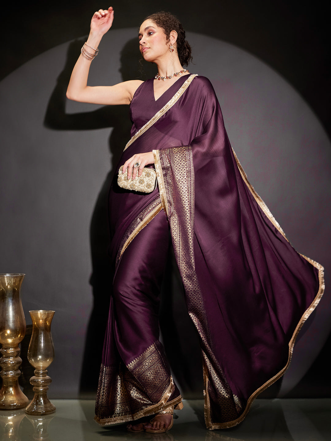 Janasya Women's Wine Silk Blend Ready To Wear Gold Printed Saree with Unstitched Blouse