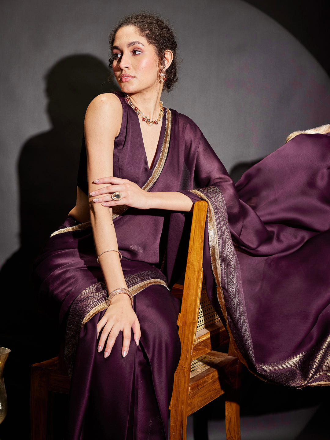 Janasya Women's Wine Silk Blend Ready To Wear Gold Printed Saree with Unstitched Blouse