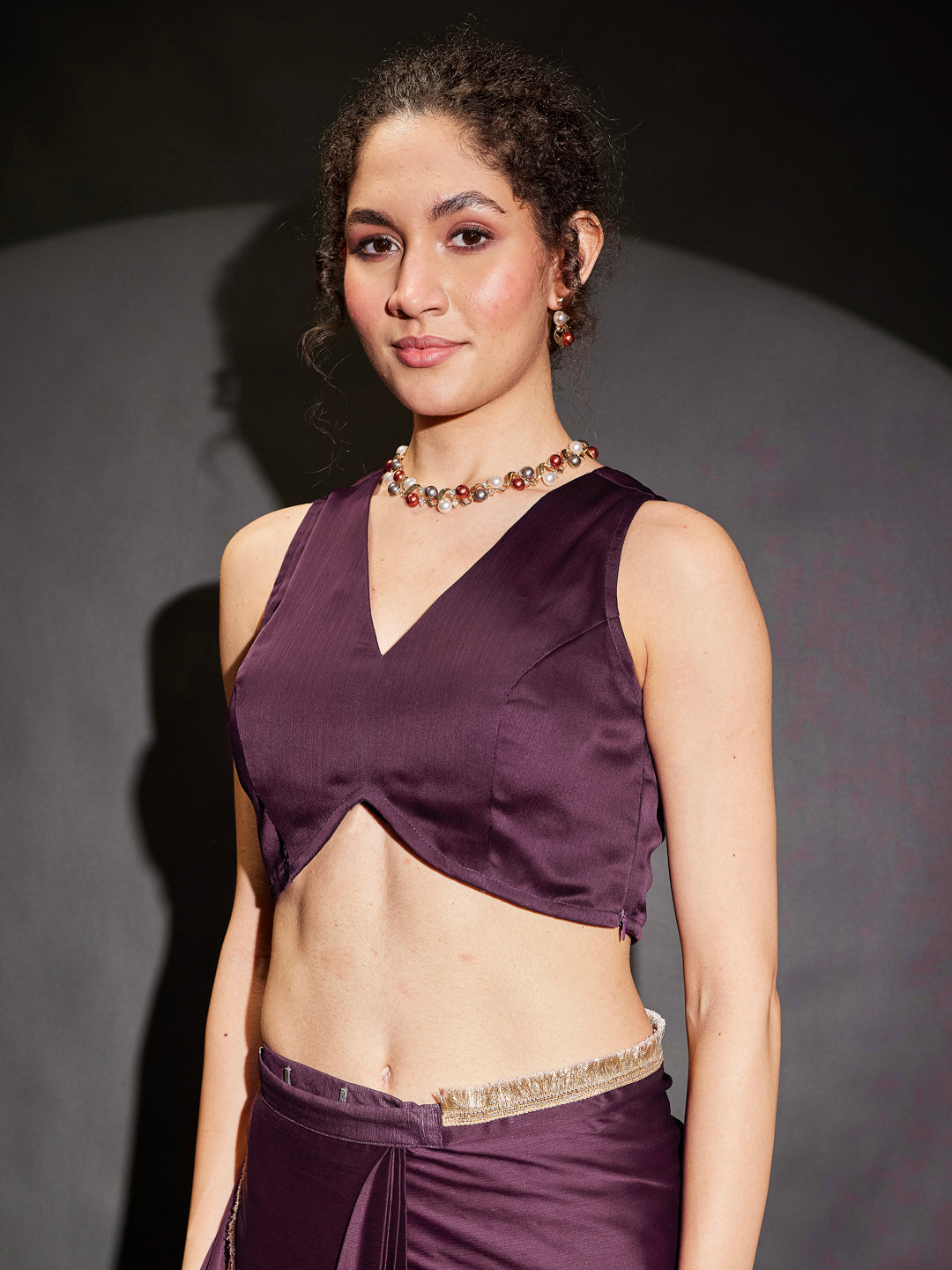 Janasya Women's Wine Silk Blend Ready To Wear Gold Printed Saree with Unstitched Blouse