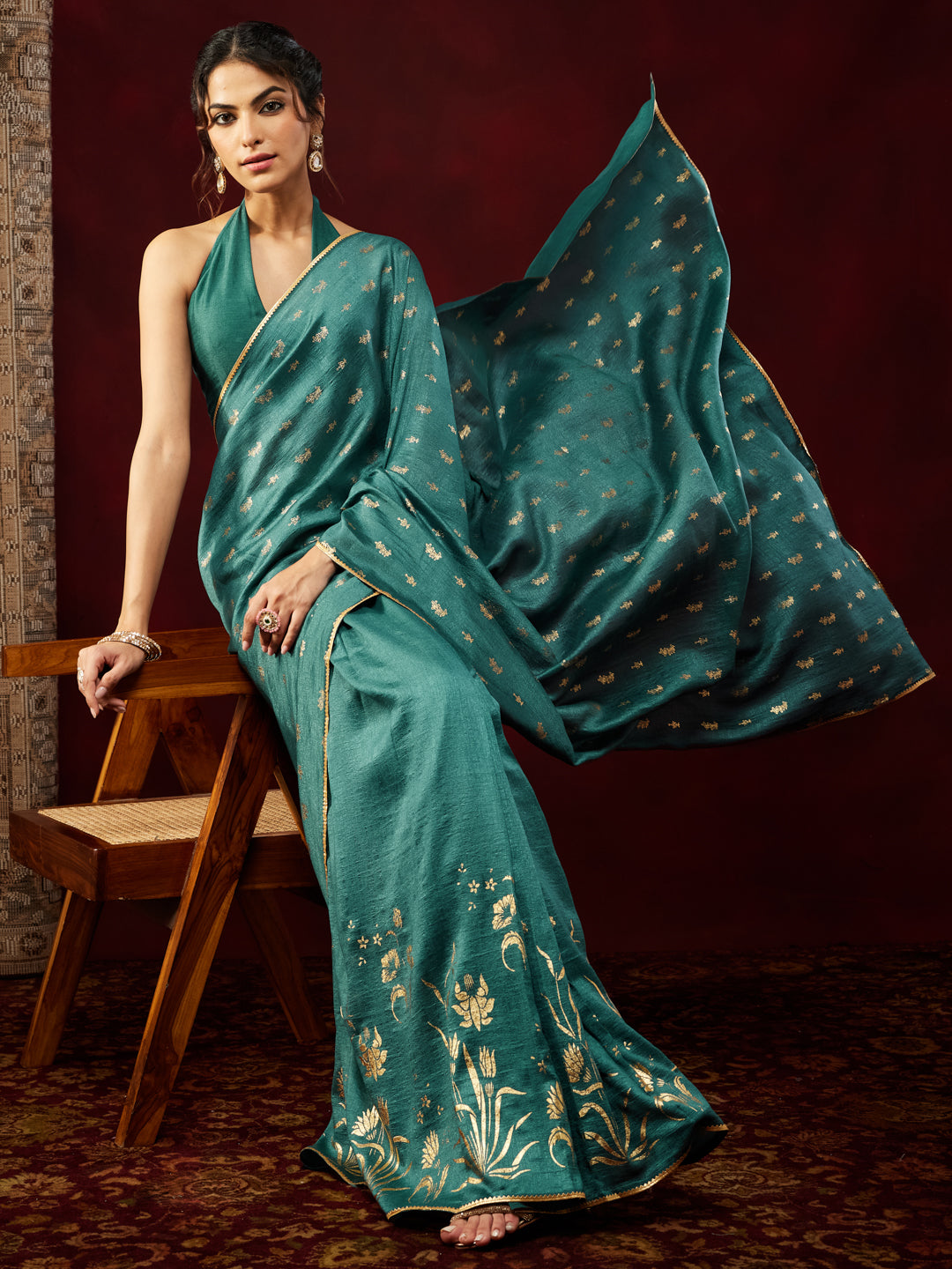 Janasya Women's Teal Blue Silk Blend Ready To Wear Gold Printed Saree with Unstitched Blouse