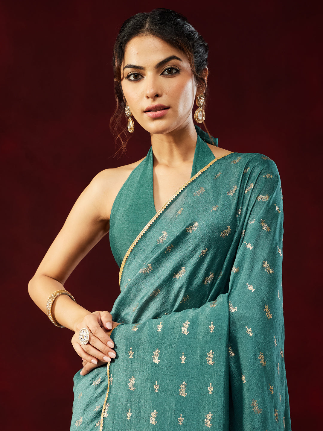 Janasya Women's Teal Blue Silk Blend Ready To Wear Gold Printed Saree with Unstitched Blouse
