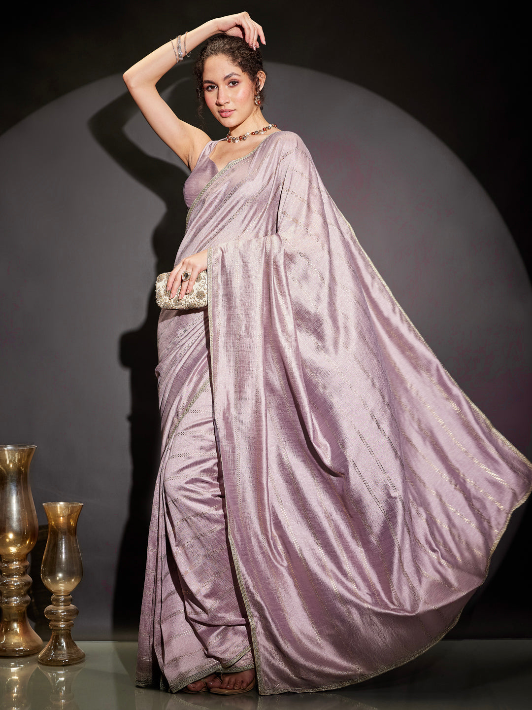 Janasya Women's Lavender Silk Blend Ready To Wear Embellished Saree with Unstitched Blouse