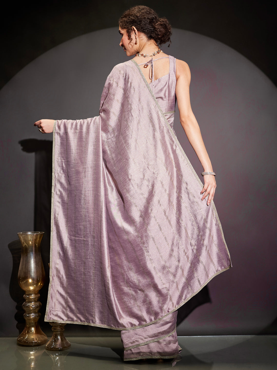 Janasya Women's Lavender Silk Blend Ready To Wear Embellished Saree with Unstitched Blouse