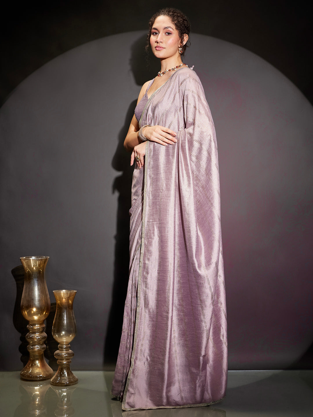 Janasya Women's Lavender Silk Blend Ready To Wear Embellished Saree with Unstitched Blouse