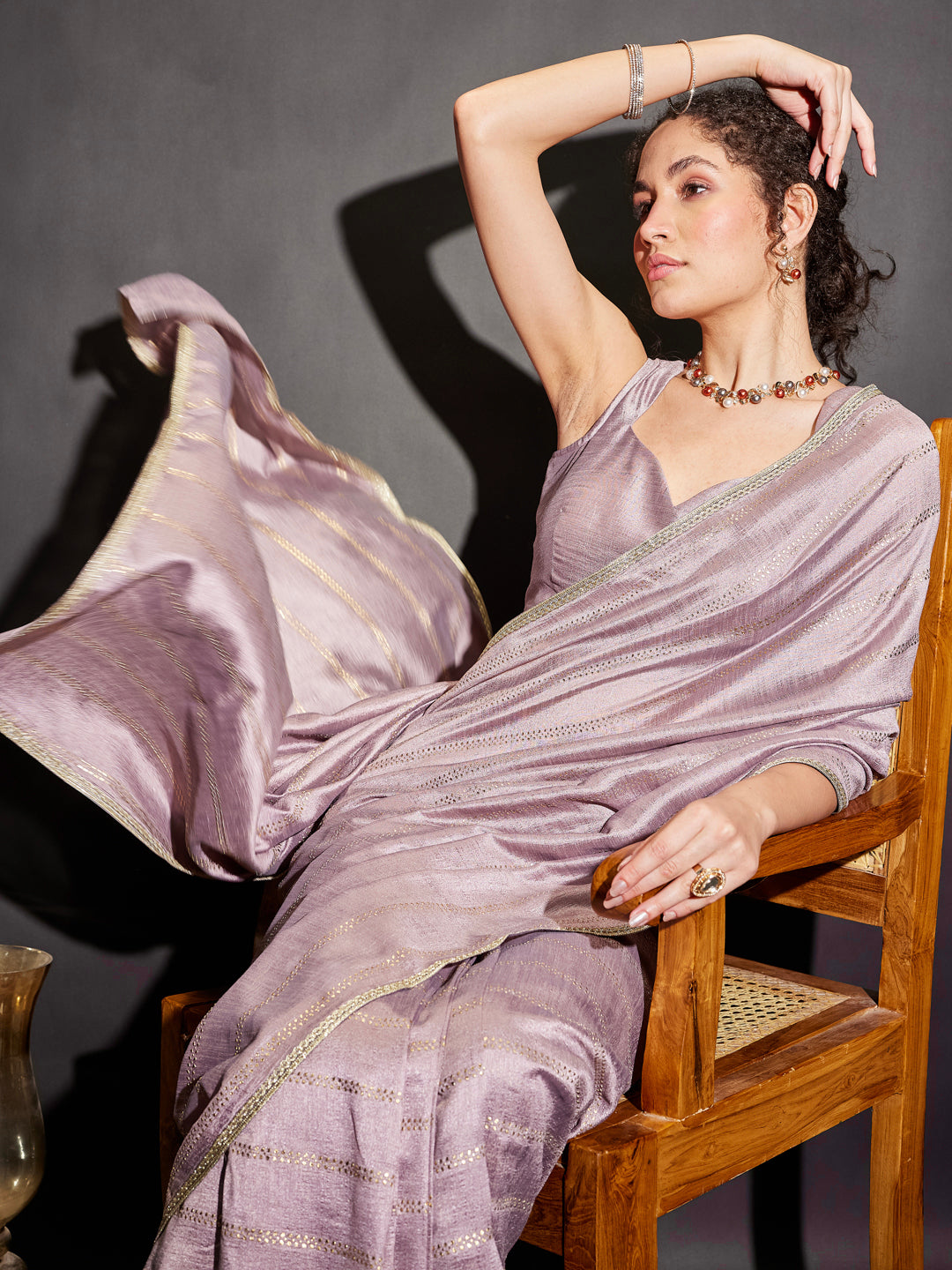 Janasya Women's Lavender Silk Blend Ready To Wear Embellished Saree with Unstitched Blouse