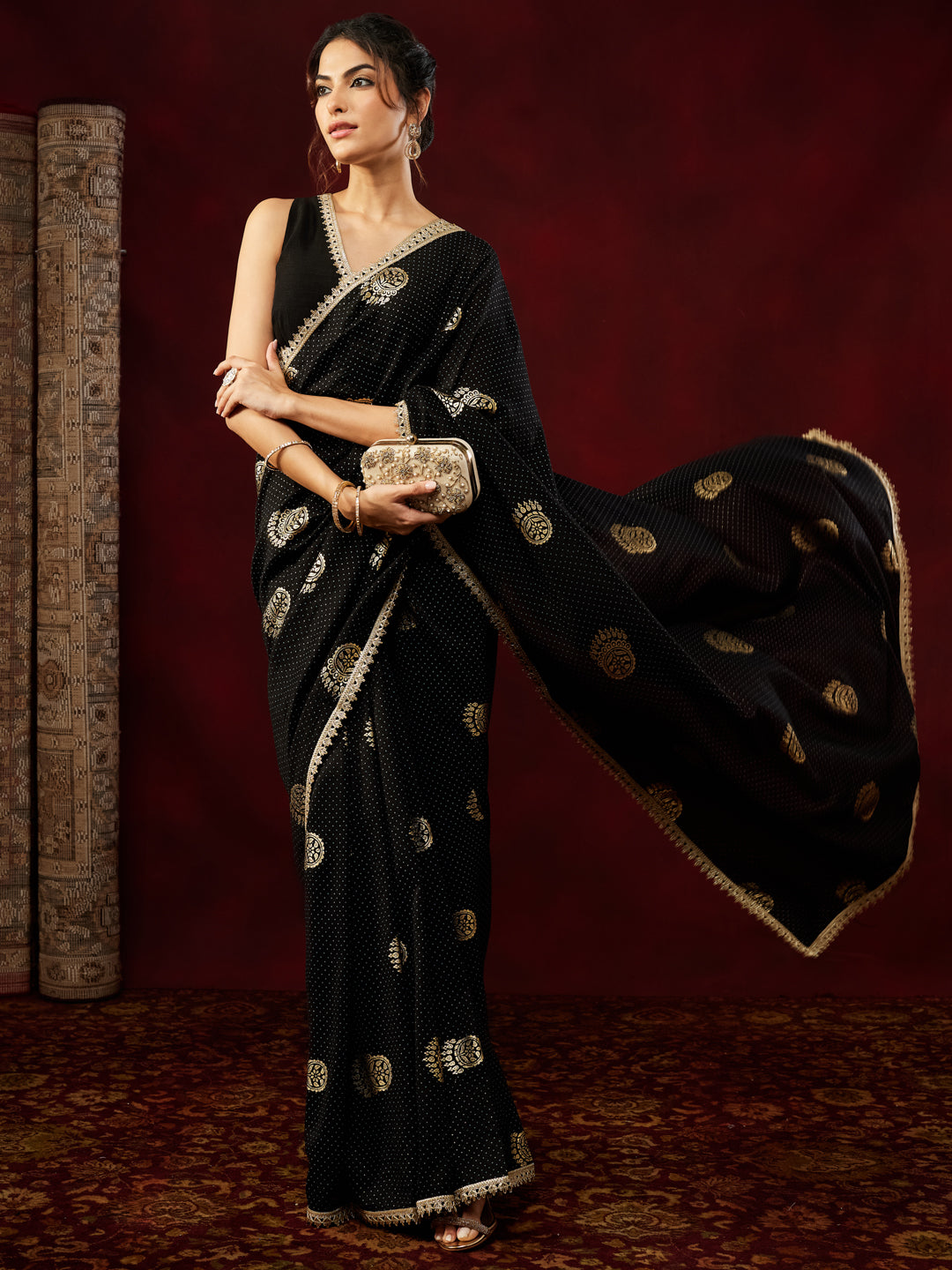 Janasya Women's Black Silk Blend Ready To Wear Gold Printed Saree with Unstitched Blouse