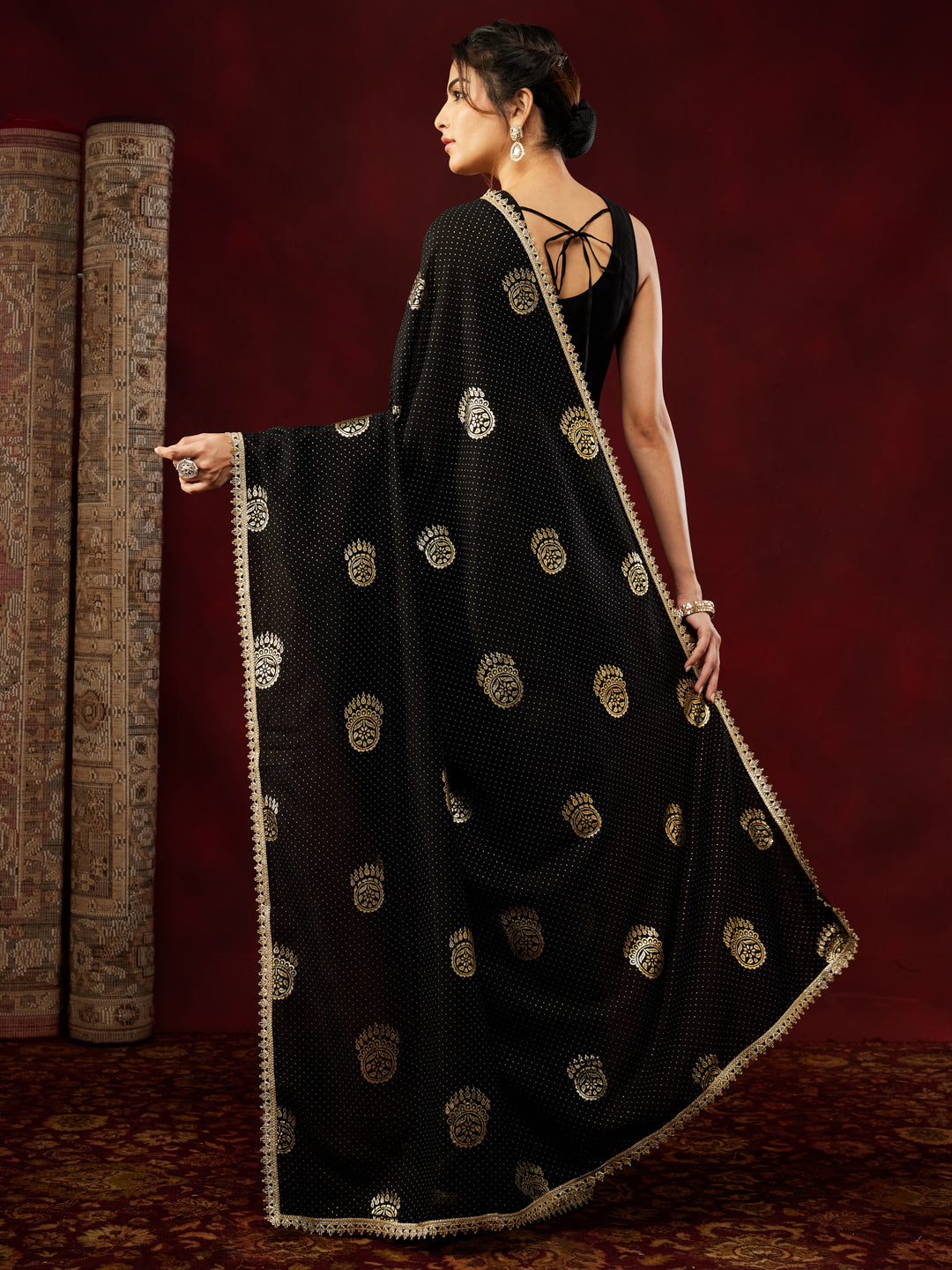 Janasya Women's Black Silk Blend Ready To Wear Gold Printed Saree with Unstitched Blouse