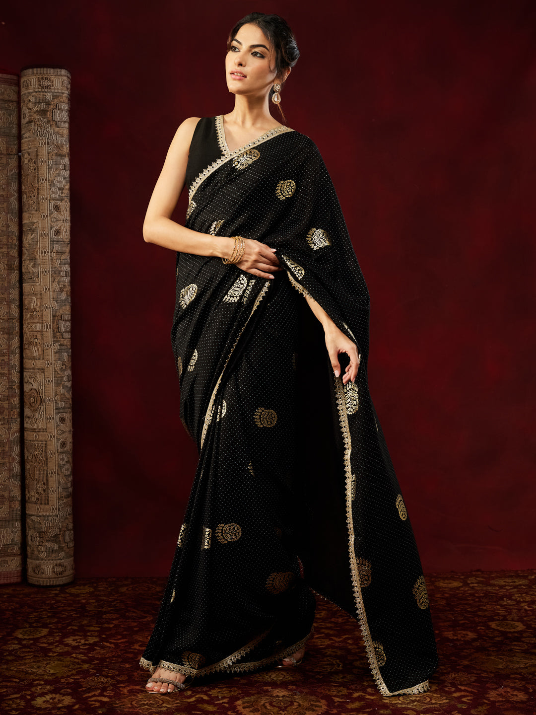 Janasya Women's Black Silk Blend Ready To Wear Gold Printed Saree with Unstitched Blouse