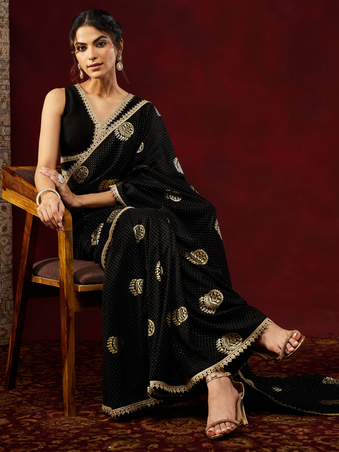 Janasya Women's Black Silk Blend Ready To Wear Gold Printed Saree with Unstitched Blouse