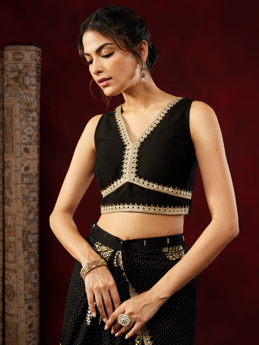 Janasya Women's Black Silk Blend Ready To Wear Gold Printed Saree with Unstitched Blouse