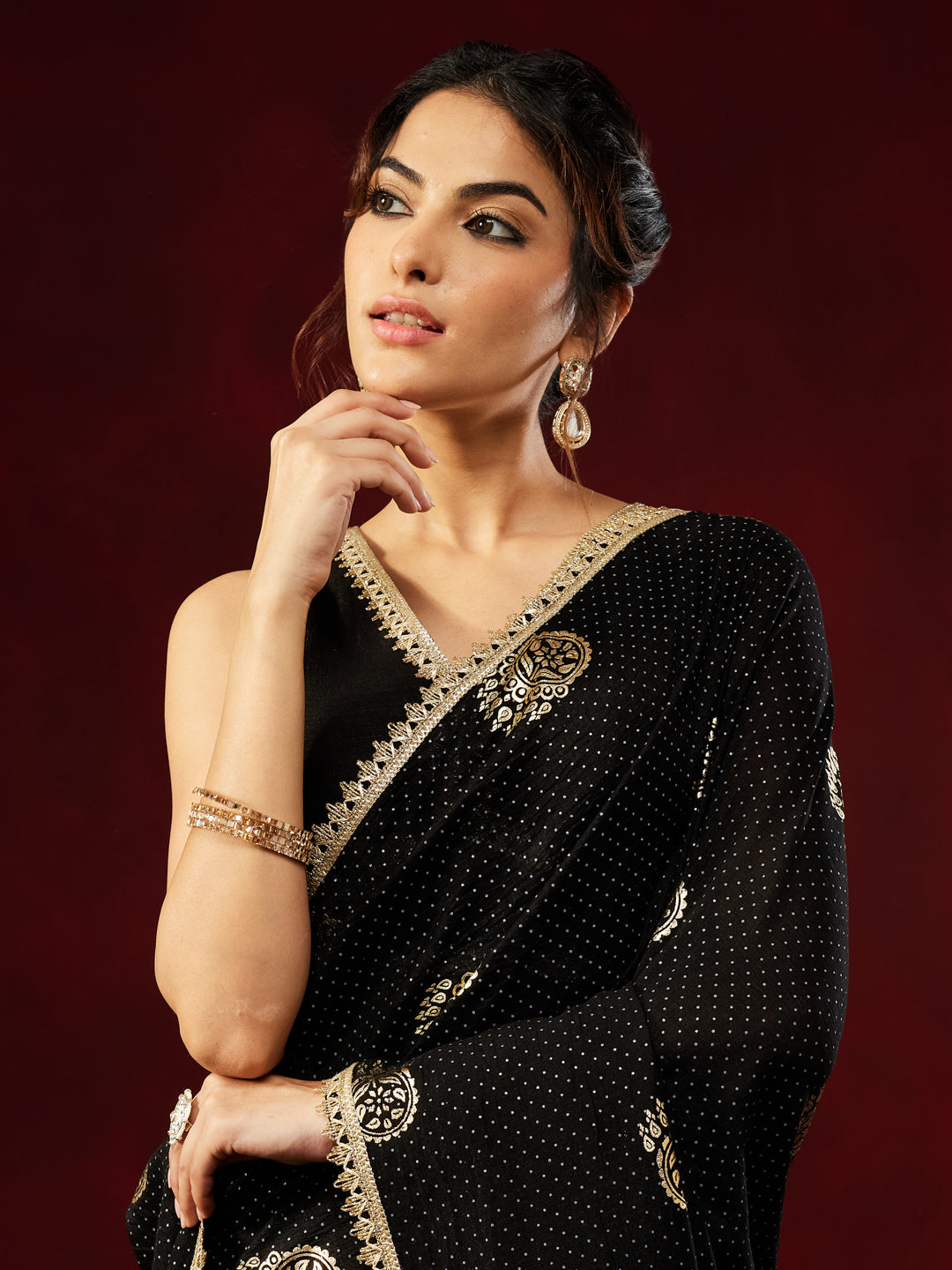 Janasya Women's Black Silk Blend Ready To Wear Gold Printed Saree with Unstitched Blouse