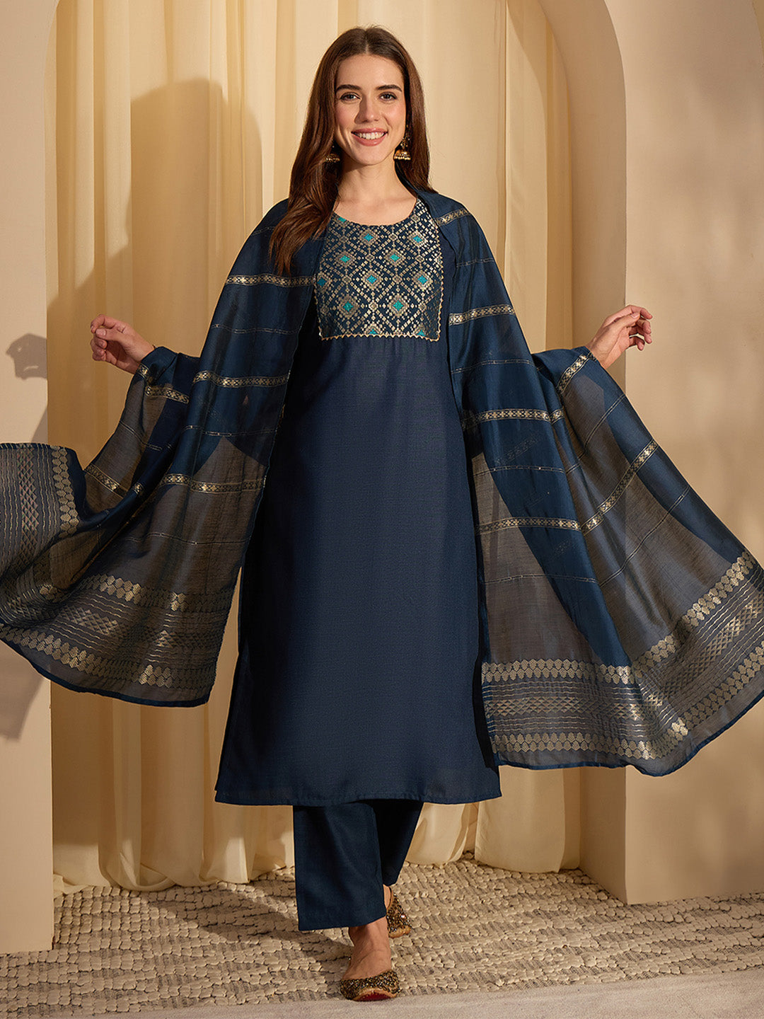 Janasya Women's Teal Blue Cotton Blend Yoke Design Straight Kurta Set with Jacquard Dupatta