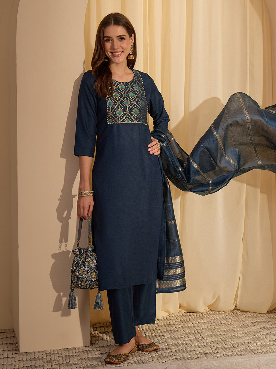 Janasya Women's Teal Blue Cotton Blend Yoke Design Straight Kurta Set with Jacquard Dupatta