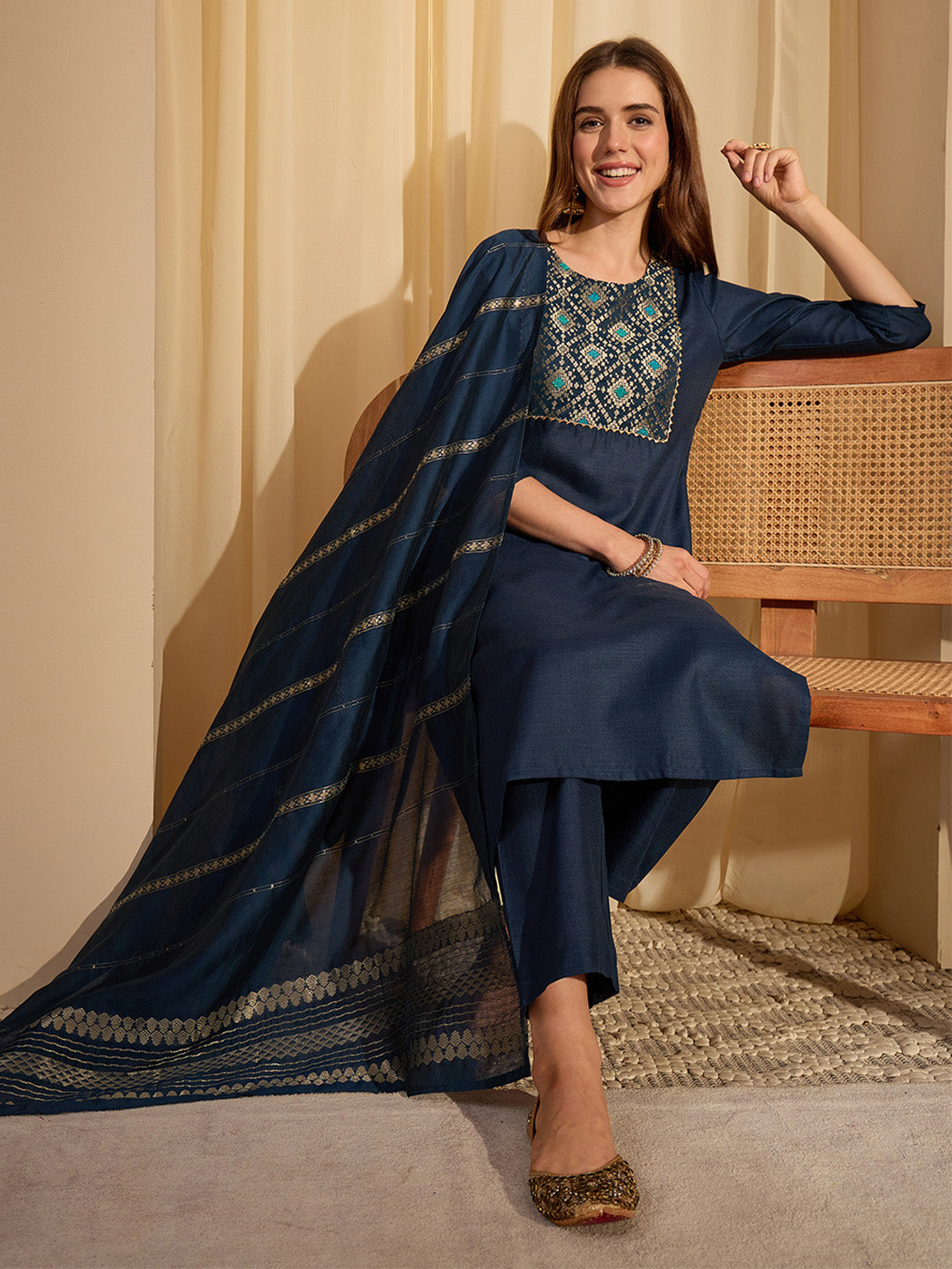 Janasya Women's Teal Blue Cotton Blend Yoke Design Straight Kurta Set with Jacquard Dupatta