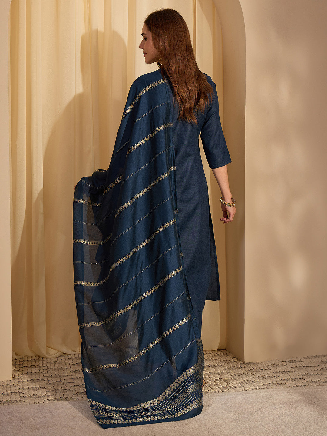 Janasya Women's Teal Blue Cotton Blend Yoke Design Straight Kurta Set with Jacquard Dupatta