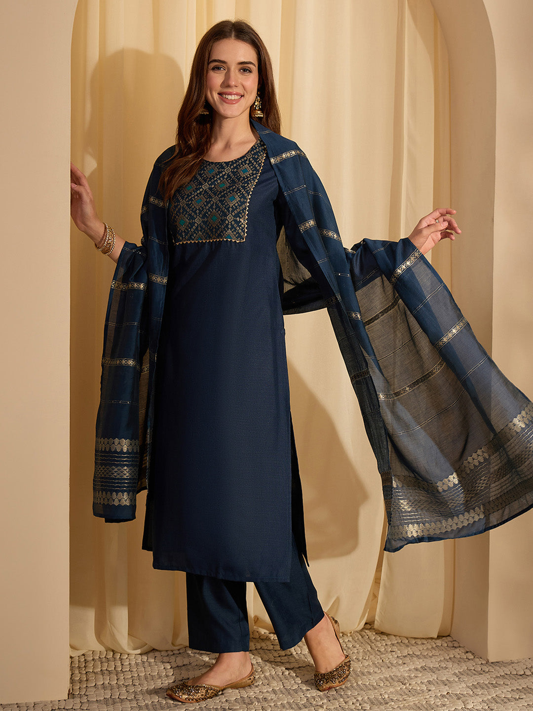 Janasya Women's Teal Blue Cotton Blend Yoke Design Straight Kurta Set with Jacquard Dupatta