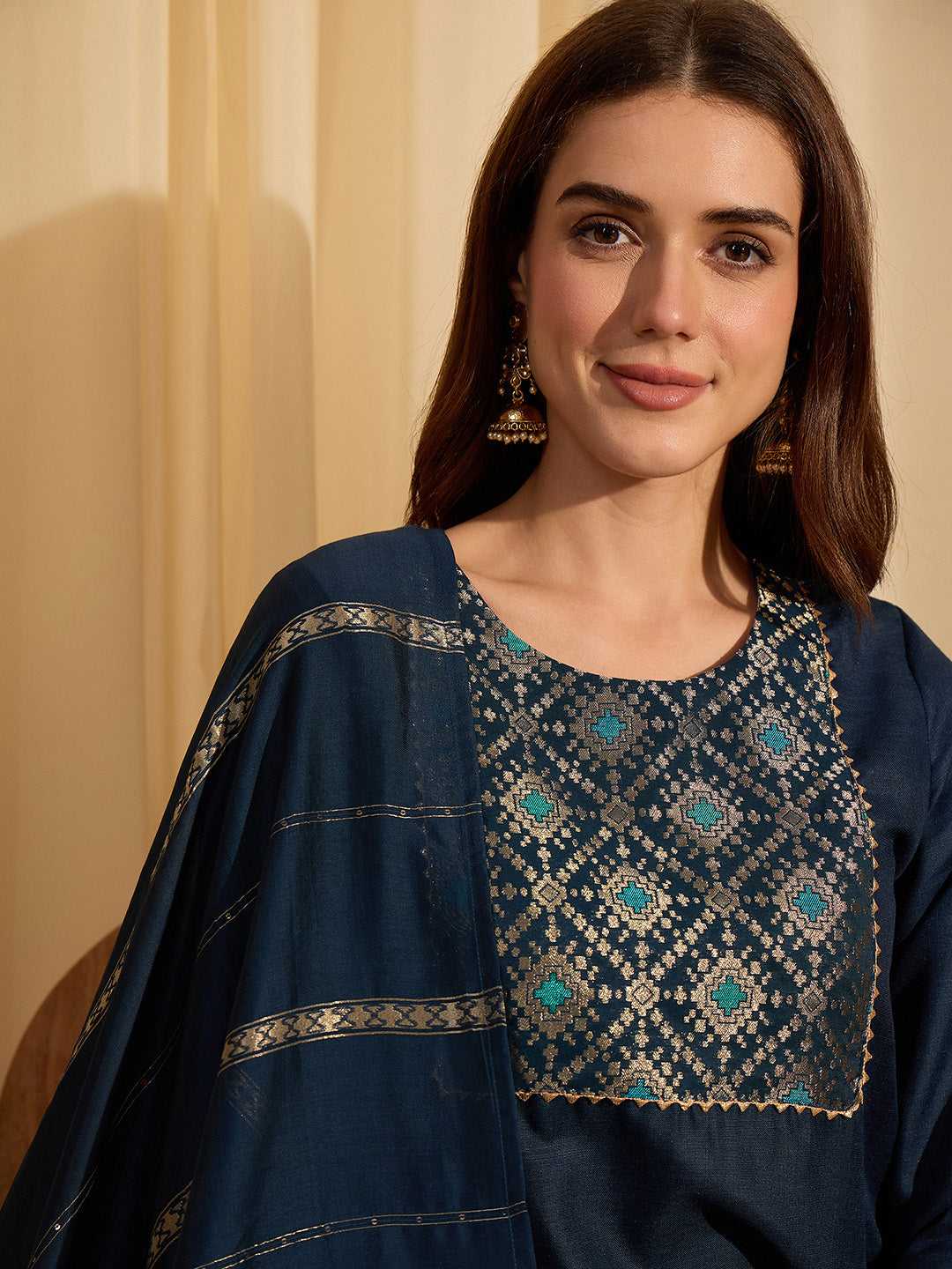 Janasya Women's Teal Blue Cotton Blend Yoke Design Straight Kurta Set with Jacquard Dupatta
