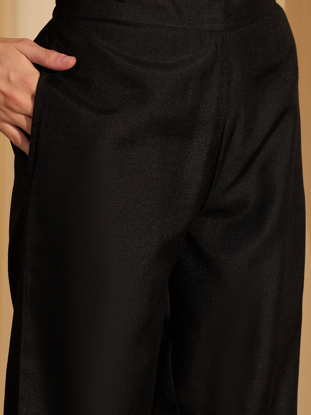 Janasya Women's Black Cotton Blend Yoke Design Straight Kurta Set with Jacquard Dupatta