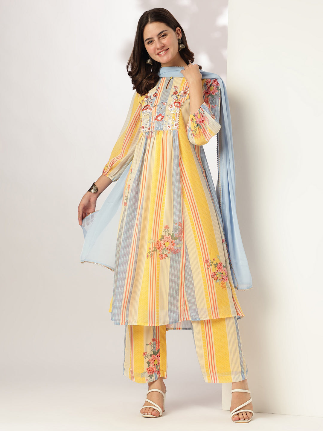 Multicolored Georgette Floral Embroidered A-line Kurta Set