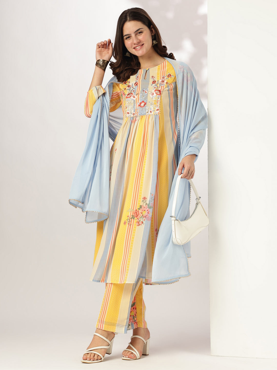 Multicolored Georgette Floral Embroidered A-line Kurta Set