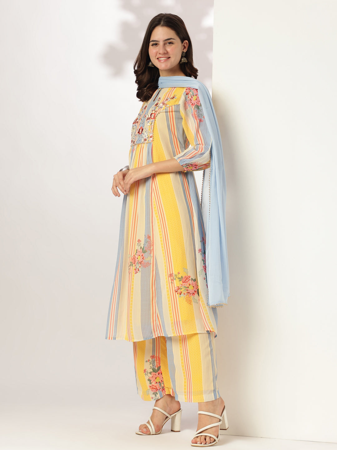 Multicolored Georgette Floral Embroidered A-line Kurta Set