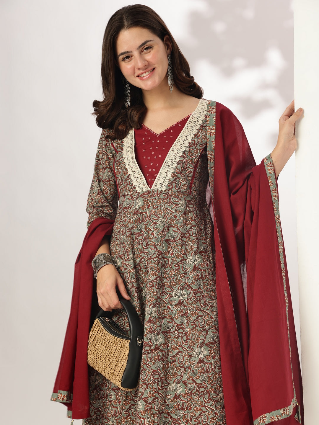 Sage Green Pure Cotton Floral Printed Anarkali Kurta Set