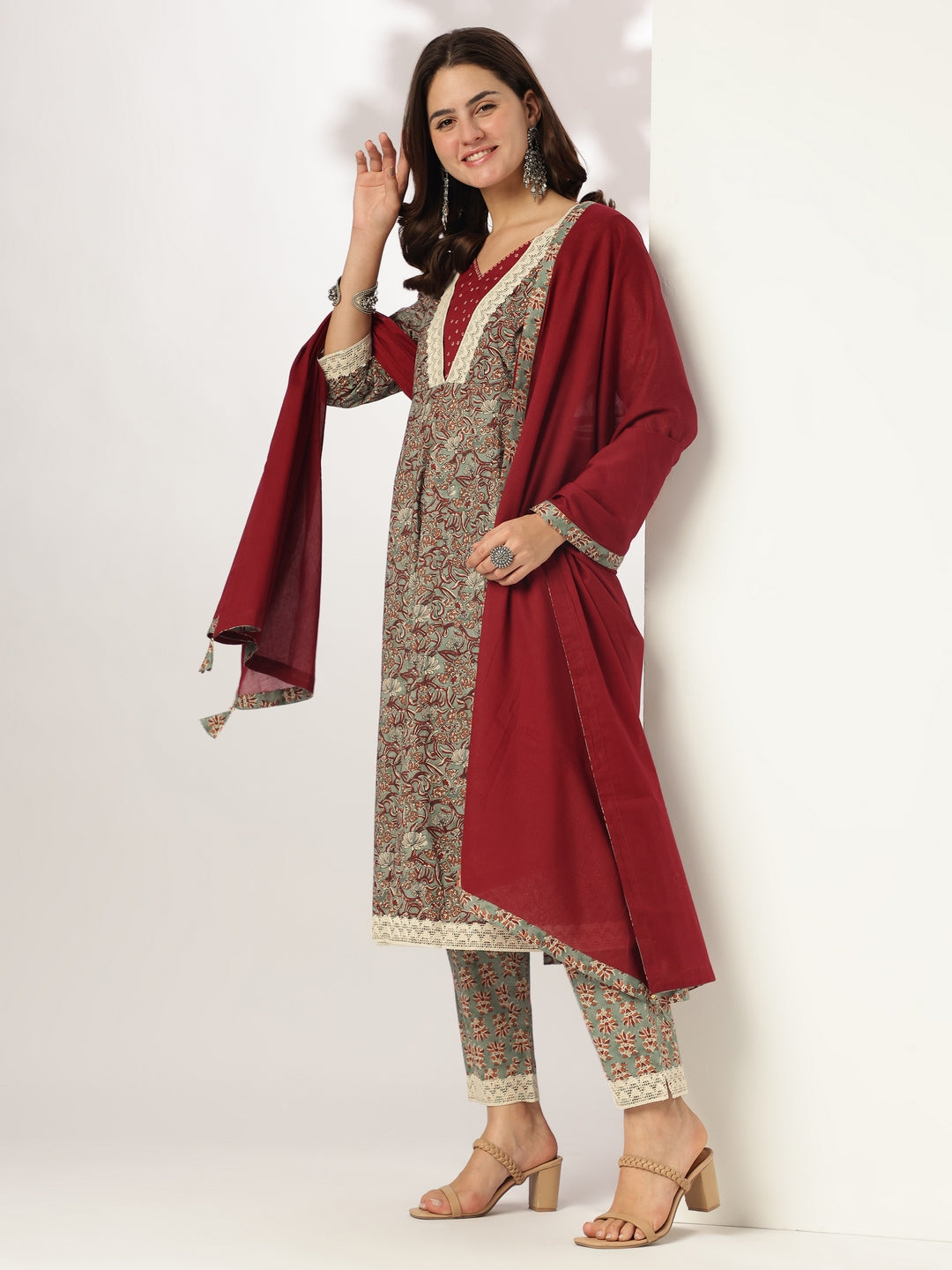 Sage Green Pure Cotton Floral Printed Anarkali Kurta Set