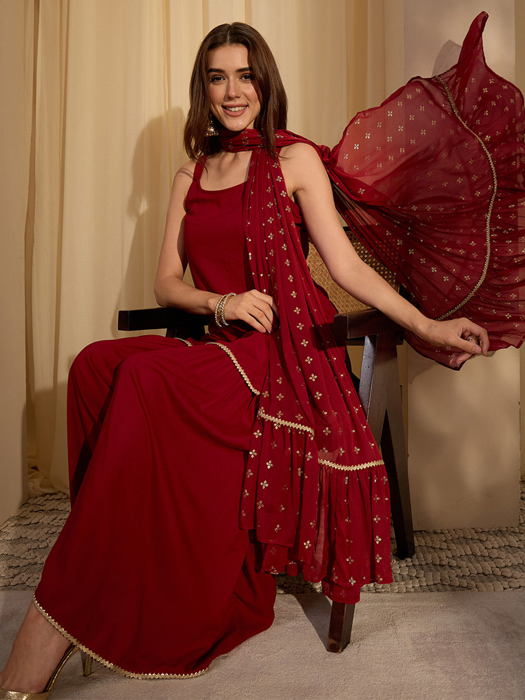 Janasya Women's Maroon Rayon Solid Straight Kurta with Sharara and Gold Printed Dupatta Set