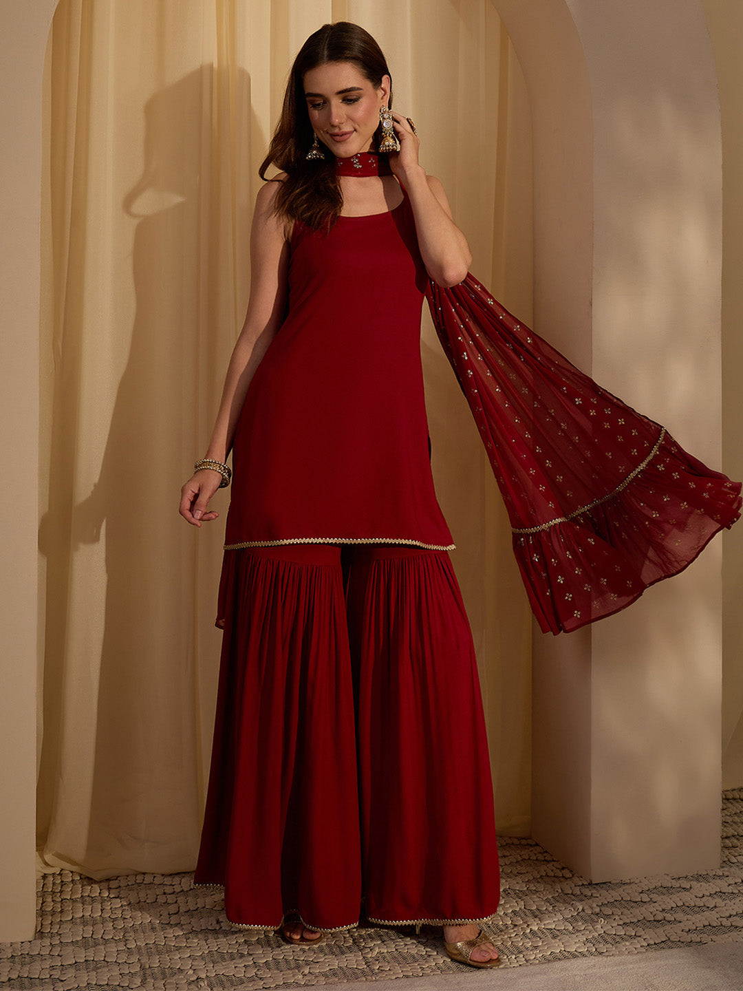 Janasya Women's Maroon Rayon Solid Straight Kurta with Sharara and Gold Printed Dupatta Set