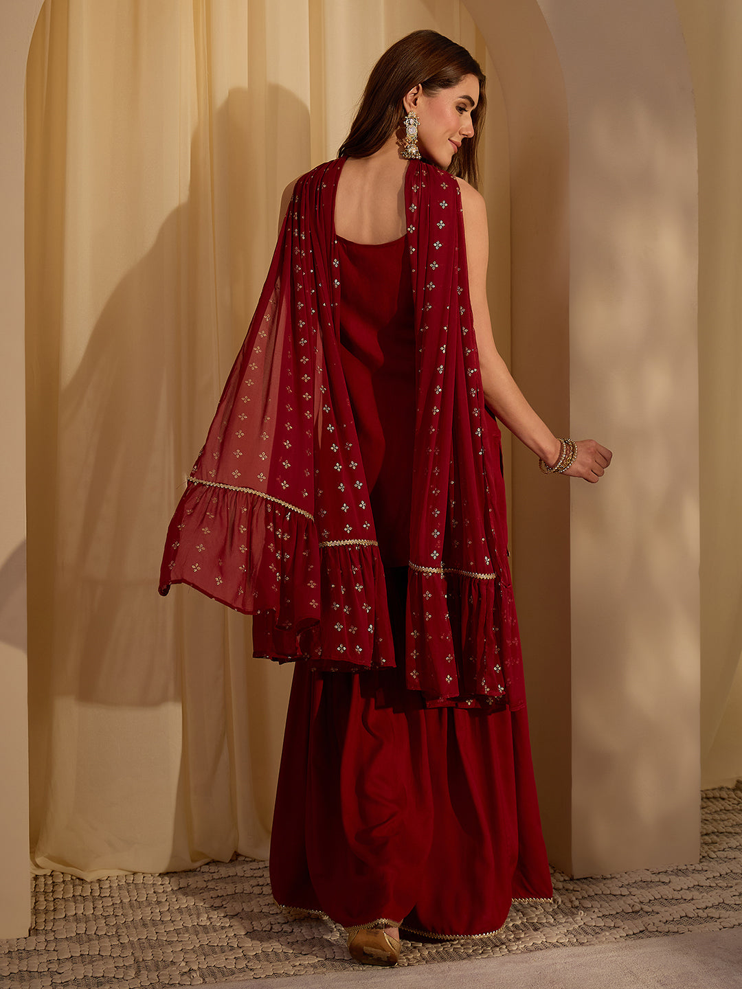Janasya Women's Maroon Rayon Solid Straight Kurta with Sharara and Gold Printed Dupatta Set
