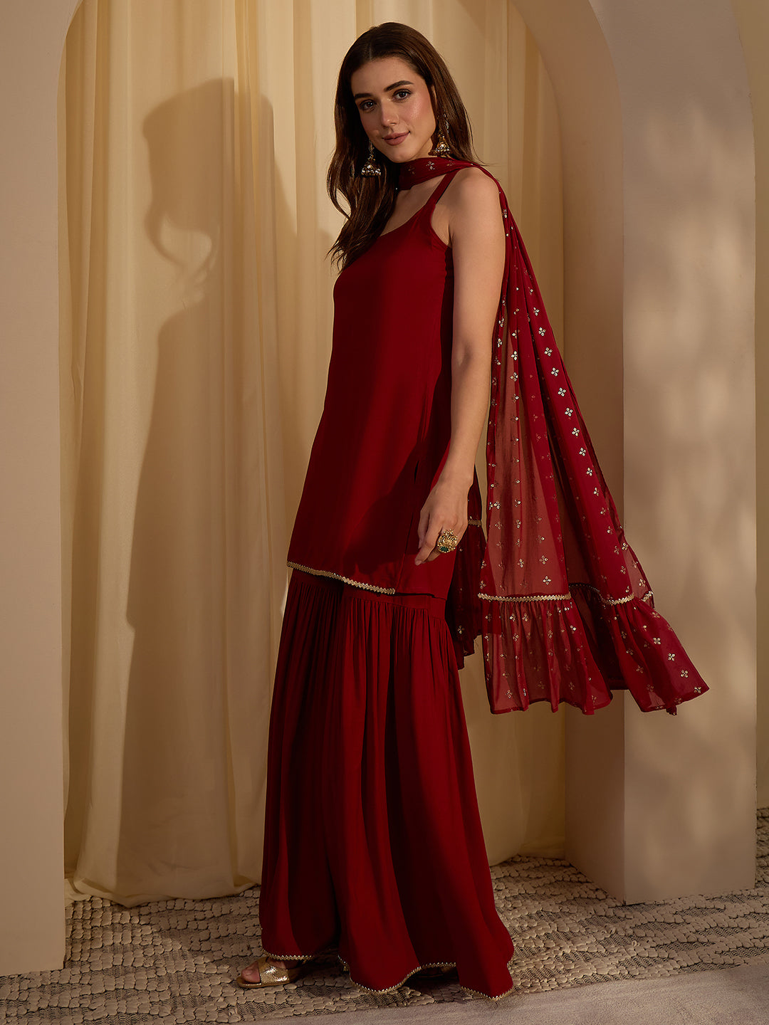 Janasya Women's Maroon Rayon Solid Straight Kurta with Sharara and Gold Printed Dupatta Set