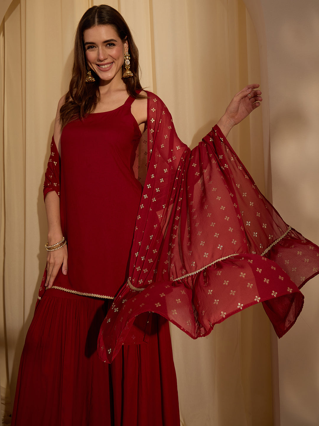 Janasya Women's Maroon Rayon Solid Straight Kurta with Sharara and Gold Printed Dupatta Set